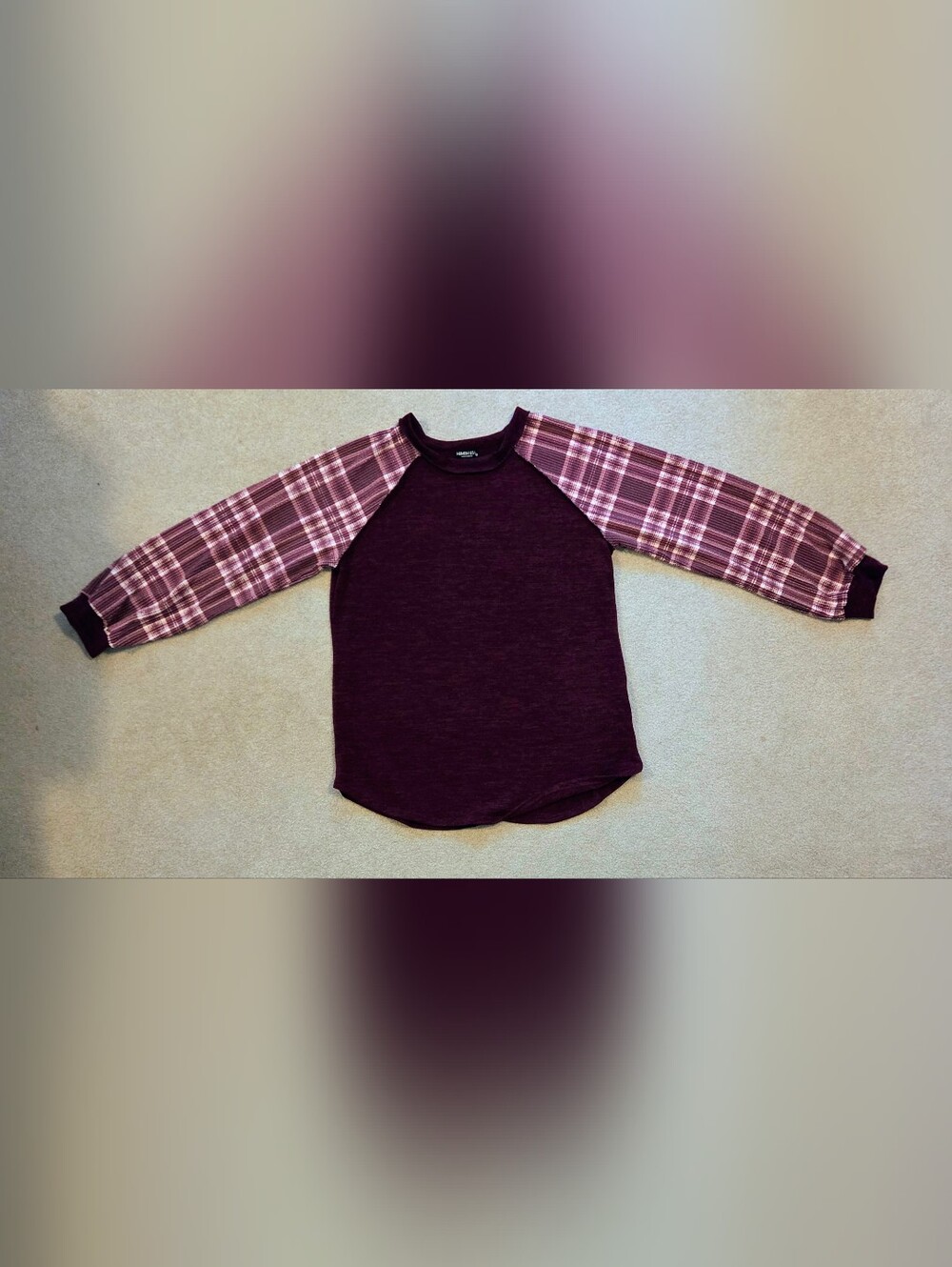 NWOT Heimish USA Women’s 2X Burgundy Plaid Balloon Sleeve Tunic Top